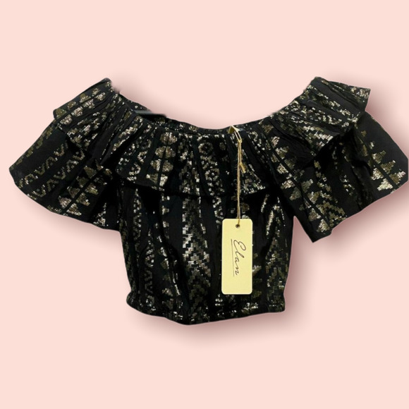 Elan Tops - NEW Elan Black & Gold Metallic Tribal Print Off Shoulder Crop Top Medium